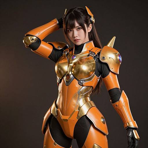 Photograph of an Asian woman in shiny, orange and gold futuristic armor with black accents, standing against a dark background, hand on head, looking int