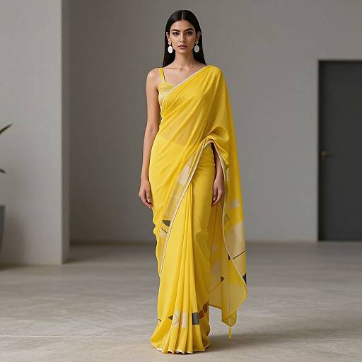 Photograph of a confident Indian woman with long black hair, wearing a bright yellow, one-shoulder saree with geometric patterns, walking on a