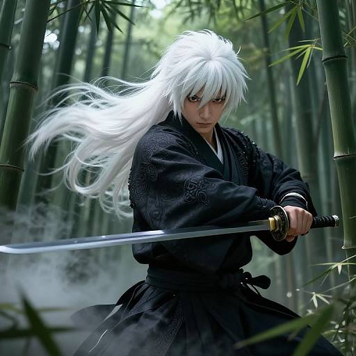 Digital artwork of a fierce, white-haired samurai with intense gaze, wielding a sword in a misty bamboo forest. Wearing a black kimono