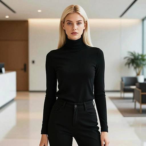 Photograph of a blonde woman with straight hair, wearing a black long-sleeve turtleneck and black pants, standing in a modern, brightly
