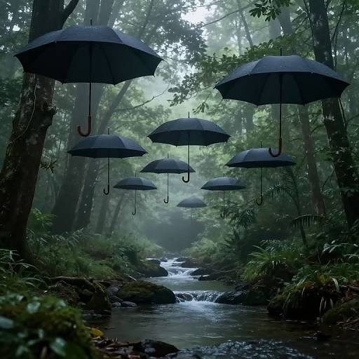 Photograph of a misty forest with floating black umbrellas overhead, a small waterfall in the center, surrounded by lush greenery and tall trees.