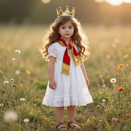 Photograph of a young girl with long brown hair, wearing a white dress, red and gold scarf, golden crown, and sandals, standing in a