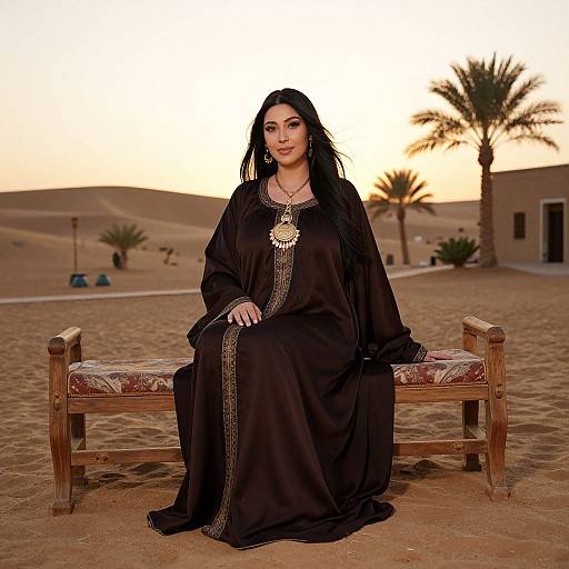 Photograph of a woman with long black hair, wearing a black traditional dress with gold trim, sitting on a wooden bench in a desert at sunset,