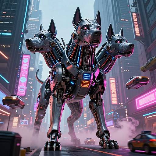 Digital artwork of a three-headed, robotic dog with neon lights in a futuristic, neon-lit city street with flying cars and billboards.