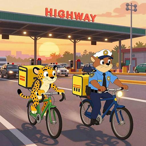 Cartoon image of a cheetah and anthropomorphic police officer on bicycles, delivering packages at a sunset-lit highway gas station.