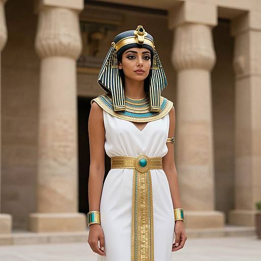 Photograph of an Egyptian woman in traditional garb: white dress, gold and turquoise jewelry, striped headdress, standing before ancient stone columns.