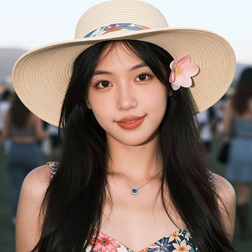 Photograph of an Asian woman with long black hair, wearing a wide-brimmed straw hat with a pink flower, floral dress, and blue pendant