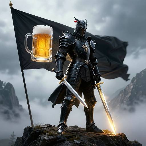 Photorealistic digital art: armored knight with glowing sword, black flag, and frothy beer mug, standing on rocky mountain peak, misty background