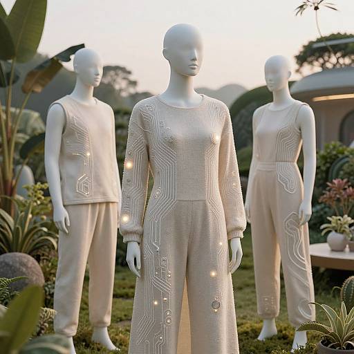 Photograph of three white, bald, faceless mannequins in white, patterned, long-sleeve jumpsuits, standing in a