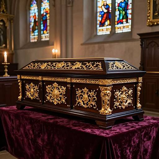 Photograph of an ornate, black, gold-embellished coffin with intricate floral patterns, placed on a purple velvet-covered table in a dim