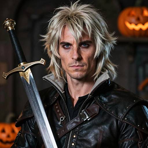 Man in Leather Outfit Holding Sword