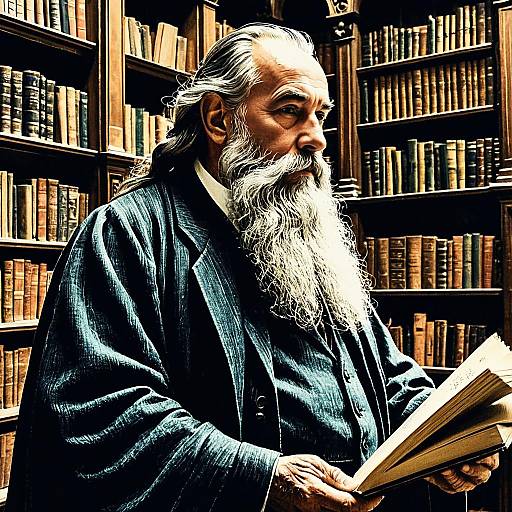 Elderly Bearded Man Reading in Ancient Library