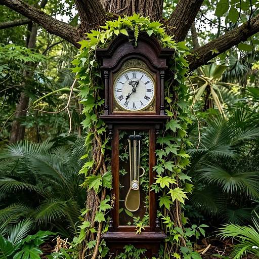 Vintage wooden clock with ivy vines, standing in a lush, green forest, surrounded by tall trees and dense foliage.