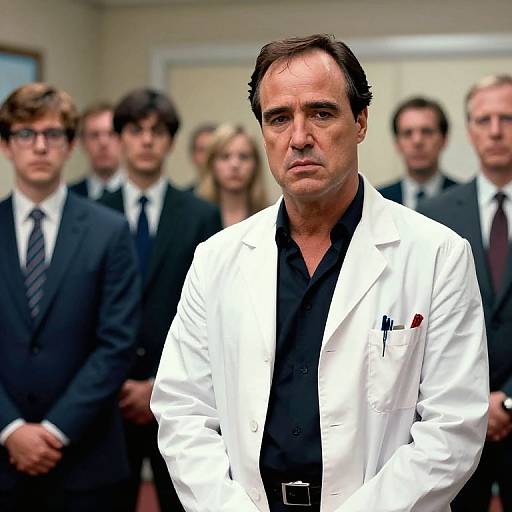 Photograph of a middle-aged man with dark hair wearing a white lab coat over a black shirt, standing in front of a group of serious-looking people