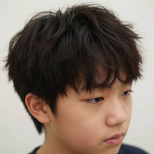 Close-up photograph of an Asian boy with straight, black, slightly messy hair, pale skin, and neutral expression against a white background.