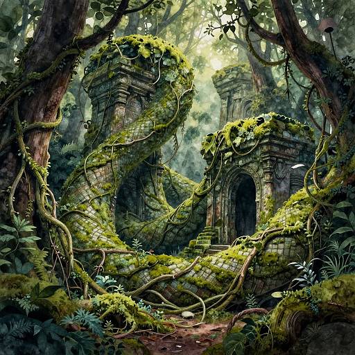 Digital fantasy artwork of a moss-covered, ancient ruin with twisted vines, hidden archways, and dense, sunlit forest canopy.