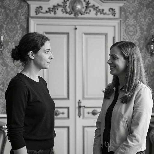Black and White Portrait of Two Women Facing Each Other