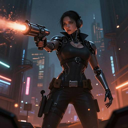 Digital art: Cyberpunk scene, dark-haired woman in black leather suit, glowing gun firing, neon cityscape backdrop, futuristic, intense, powerful.
