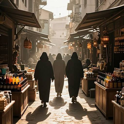 Photograph of three hooded figures walking down a sunlit, bustling bazaar alley, with shelves of bottles on both sides.
