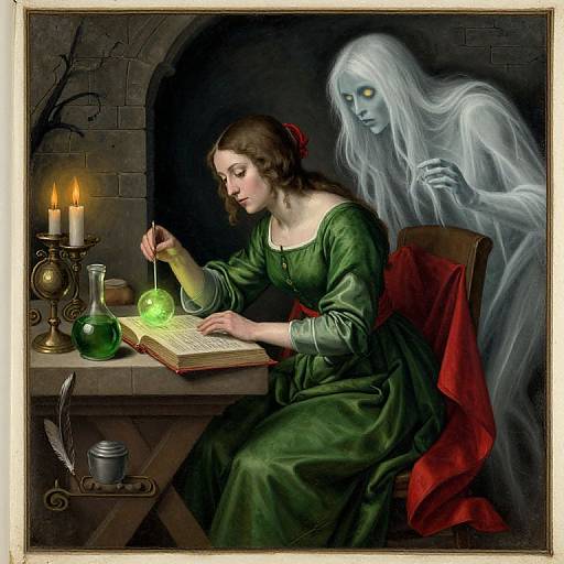 Illustration of a medieval woman in green, writing with a glowing green pen, ethereal ghostly figure behind, candlelit stone background.
