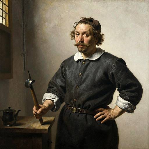 Baroque-style painting of a middle-aged man with curly hair, beard, and mustache, wearing a dark shirt, holding a hammer, standing in