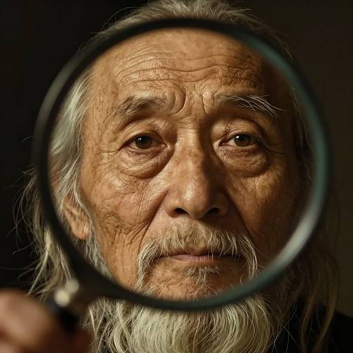 Close-up photograph of an elderly man with a wrinkled face, gray beard, and intense eyes, magnified through a circular lens against a dark background