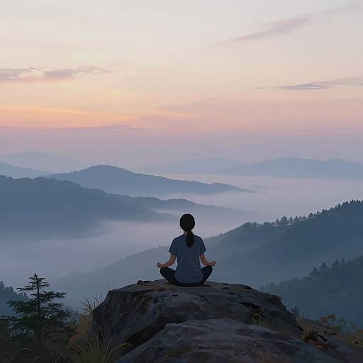 Photograph of a woman with a ponytail, sitting cross-legged on a rock, meditating at sunrise, overlooking misty, layered mountain ranges.
