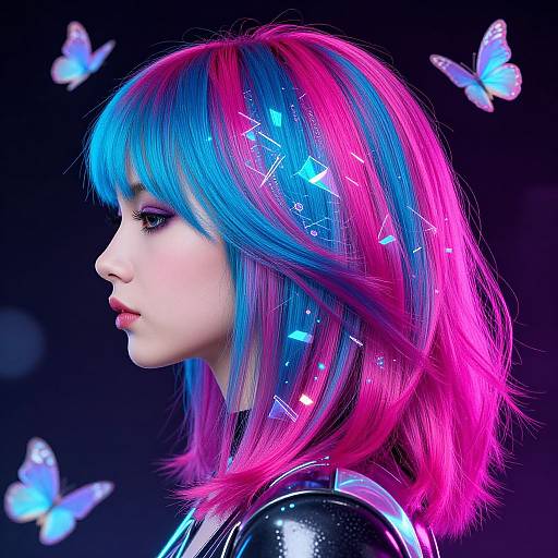 Digital portrait of a pale-skinned woman with vibrant blue and pink hair, adorned with glowing star patterns, surrounded by glowing blue butterflies.