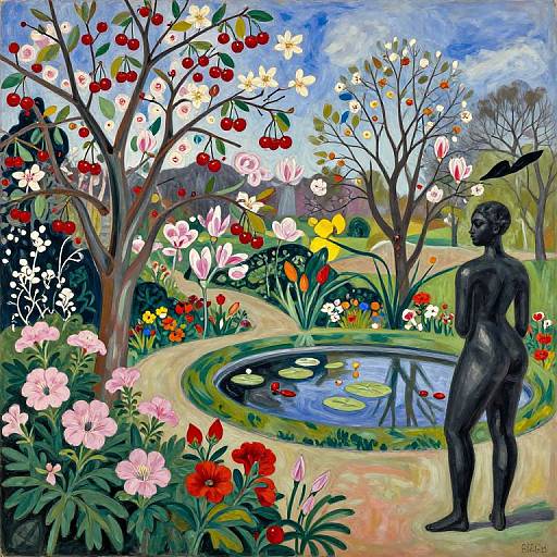 Vibrant, surreal painting of a black, nude, statue-like figure standing in a colorful, flower-filled garden with a pond and trees. Art