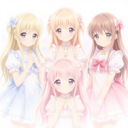 Digital anime-style illustration of four cute girls with large purple eyes, wearing pastel-colored dresses, and floral accessories, standing closely together.