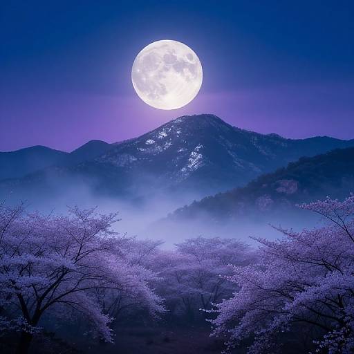 Photograph of a full moon over misty, purple-tinged mountains, with frost-covered trees in the foreground, creating a mystical, ethereal