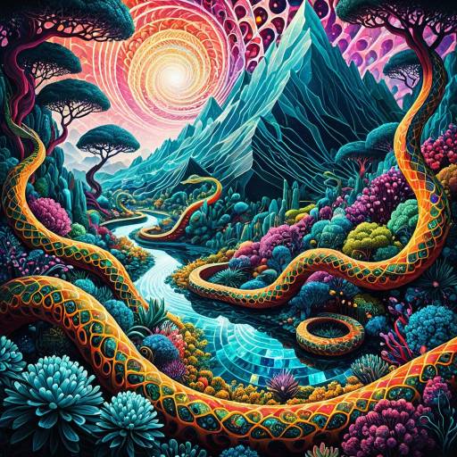 Surreal Vibrant Landscape with Ethereal Serpents