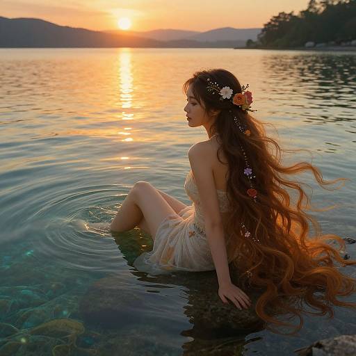Photograph of a fair-skinned woman with long, flowing auburn hair adorned with flowers, sitting in a lake at sunset, wearing a sheer