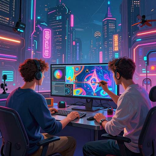 Neon-lit cyberpunk cityscape at night. Two male gamers in headphones, blue and white shirts, focus on vibrant, colorful screens. Modern