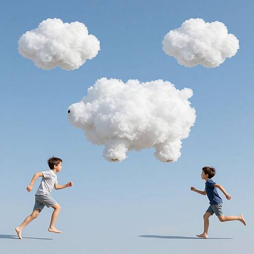 Two barefoot children, one in white and the other in blue, chase floating white clouds against a clear blue sky.