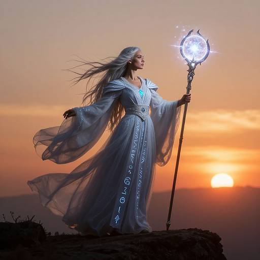 Lady Wizard Casting Spell at Sunset