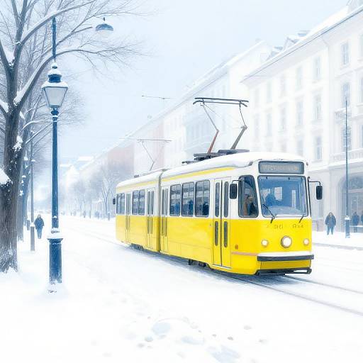 Bright yellow tram with black roof and windows on snowy street, leafless tree on left, black lamppost, white background. Digital art.