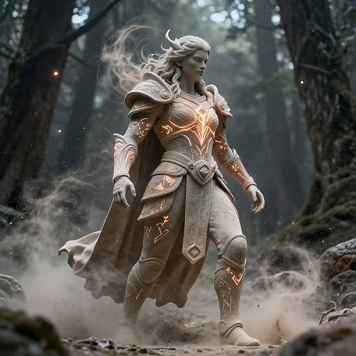 Digital artwork of a white armored, horned warrior with glowing orange runes, standing in a misty forest, surrounded by smoke.