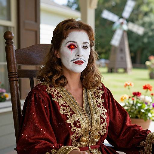 Photograph of a woman with white face paint, red eye makeup, and brown wavy hair, wearing a red, gold-embroidered dress