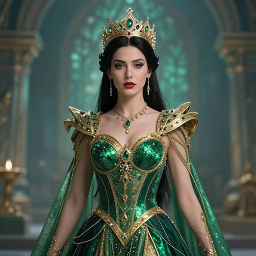 Photorealistic digital art of a fair-skinned, dark-haired queen in a shimmering green and gold gown with a crown, standing in a grand