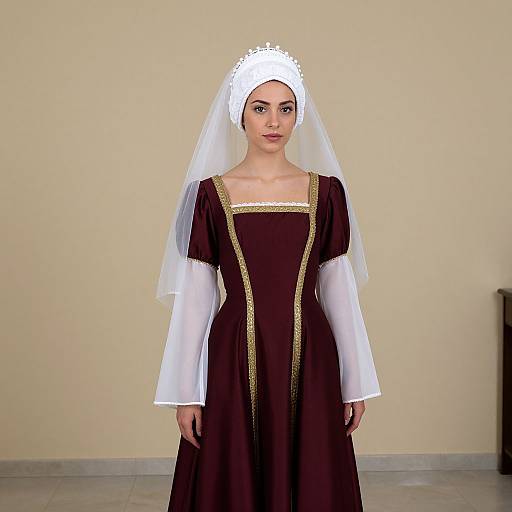 Photograph of a young woman with fair skin wearing a medieval-style maroon dress with white sleeves and gold trim, and a white veil, standing against
