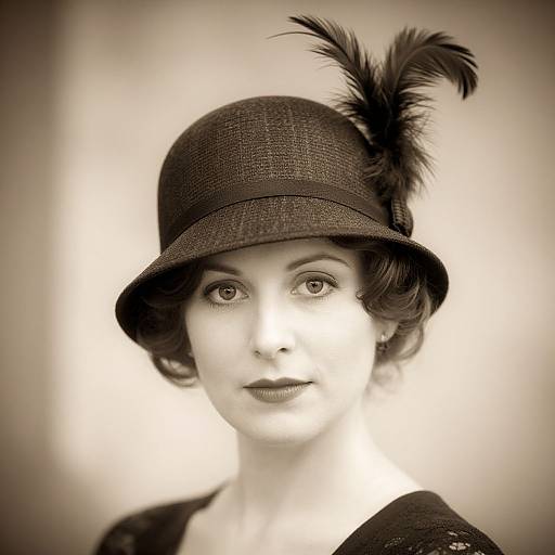 Sepia-toned photograph of a fair-skinned woman with dark, wavy hair, wearing a vintage black hat with a feather, and dark lipstick