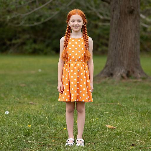 Photograph of a young girl with long red braids, wearing an orange polka dot dress and white shoes, standing on green grass with a tree