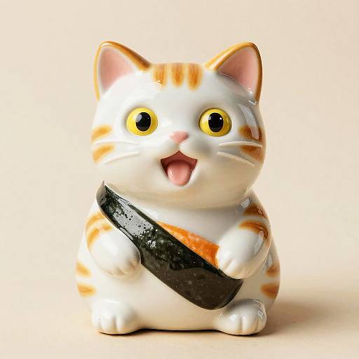Photograph of a white and orange striped ceramic cat with large yellow eyes, black sash, and open mouth, against a beige background.