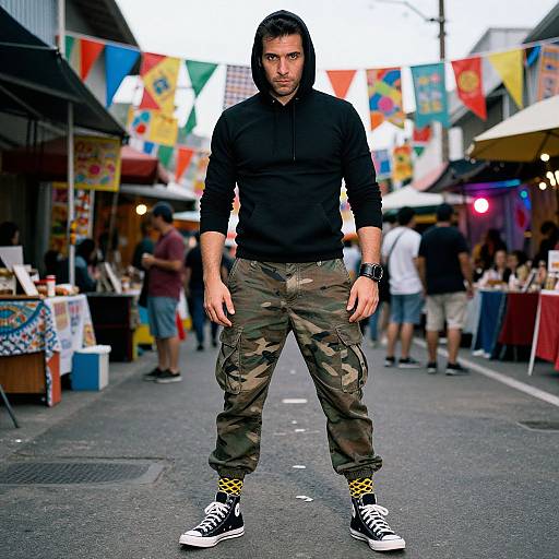 Photograph of a muscular man with dark hair, wearing a black hoodie, camouflage pants, and black sneakers, standing confidently in a colorful, busy outdoor
