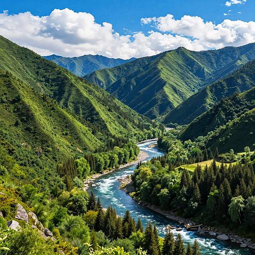 Sunlit Mountain Range with River