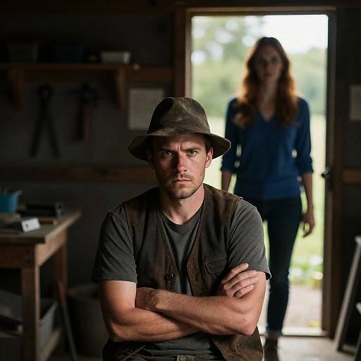 Intense Portrait in a Dim Wooden Shed