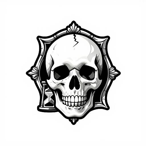 Black and white digital illustration of a grinning skull with spiked, ornate border, featuring bold outlines and high contrast.