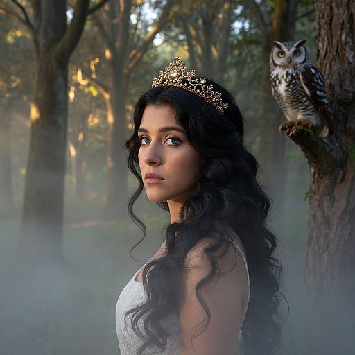 Photorealistic digital artwork of a young woman with long wavy black hair, wearing a silver tiara and white dress, standing in a misty