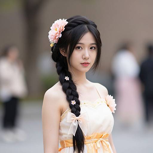 Photograph of an East Asian woman with long black hair in a braid, wearing a white and orange dress with pink flowers, standing outdoors with a